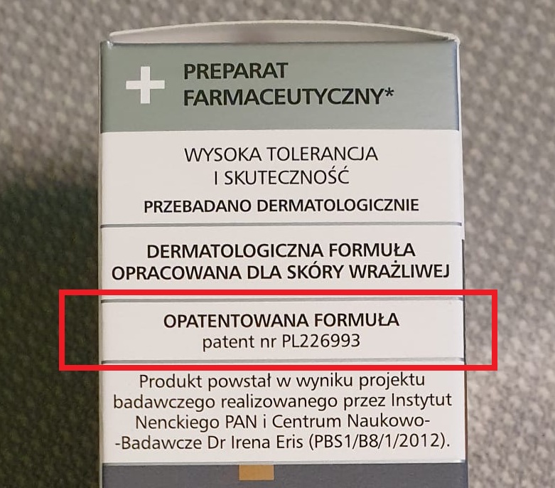 Informacja na opakowaniu o opatentowanej formule.